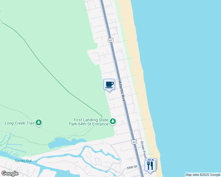 map of restaurants, bars, coffee shops, grocery stores, and more near 222 69th Street in Virginia Beach