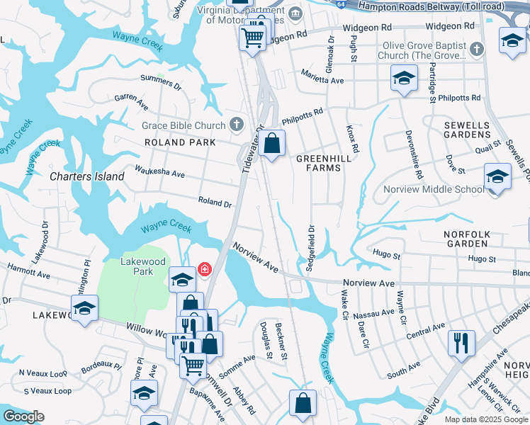 map of restaurants, bars, coffee shops, grocery stores, and more near 6216 Sunshine Avenue in Norfolk