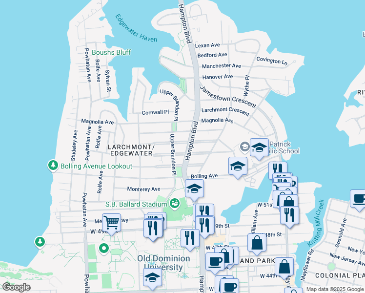 map of restaurants, bars, coffee shops, grocery stores, and more near 5715 Hampton Boulevard in Norfolk