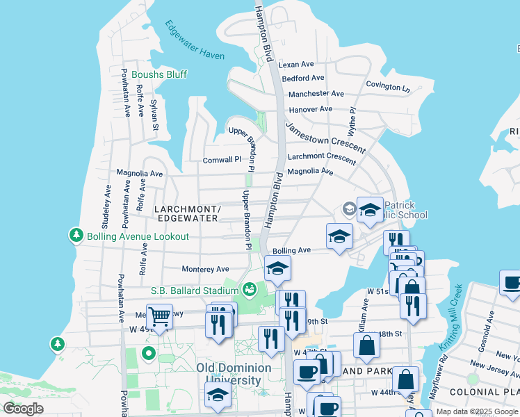 map of restaurants, bars, coffee shops, grocery stores, and more near 5715 Hampton Boulevard in Norfolk