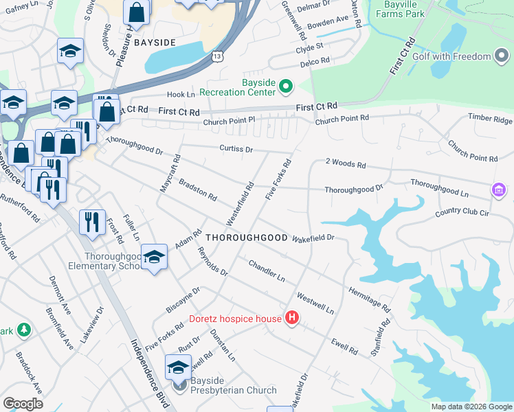 map of restaurants, bars, coffee shops, grocery stores, and more near 4501 Thoroughgood Drive in Virginia Beach