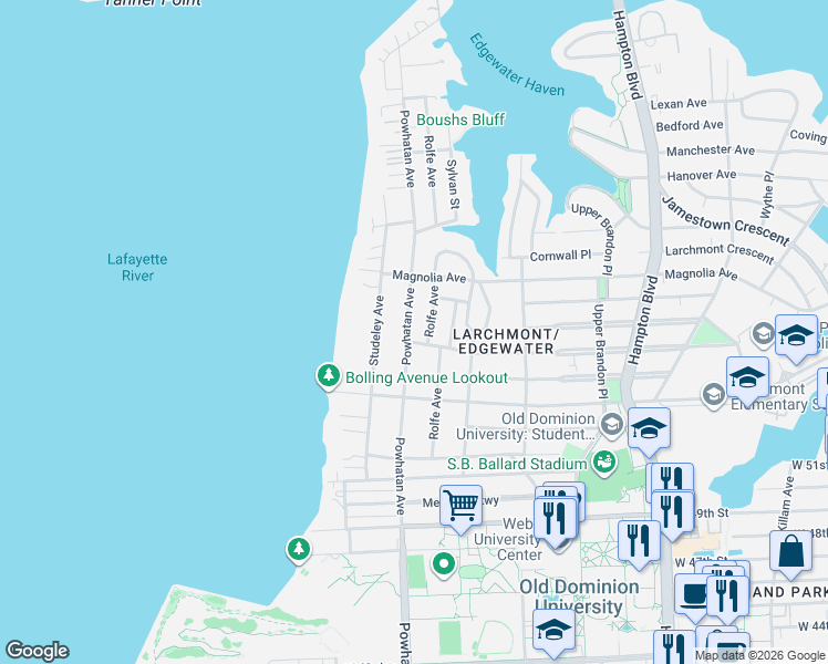 map of restaurants, bars, coffee shops, grocery stores, and more near 5424 Powhatan Avenue in Norfolk