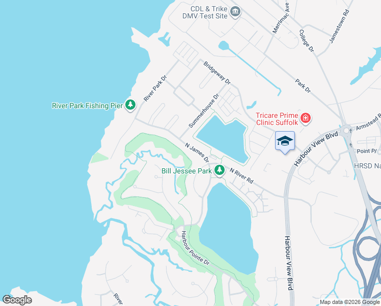 map of restaurants, bars, coffee shops, grocery stores, and more near 3011 North James Drive in Suffolk