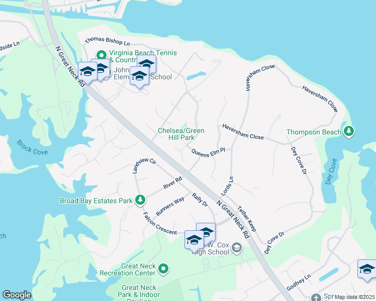 map of restaurants, bars, coffee shops, grocery stores, and more near 2521 Queens Elm Place in Virginia Beach