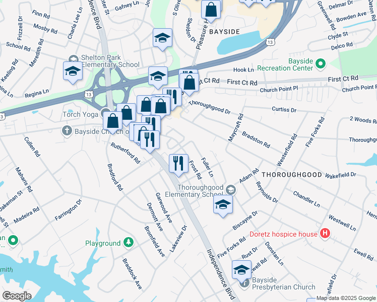 map of restaurants, bars, coffee shops, grocery stores, and more near 1588 Frost Road in Virginia Beach