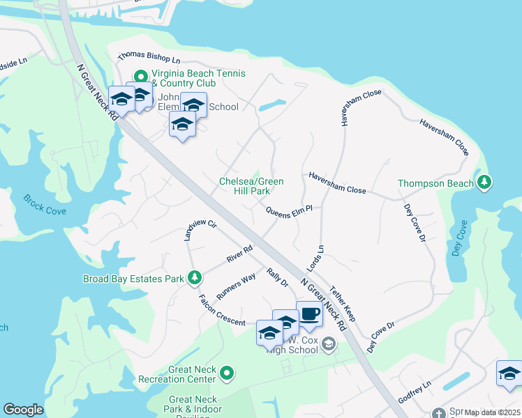 map of restaurants, bars, coffee shops, grocery stores, and more near 2521 Queens Elm Place in Virginia Beach