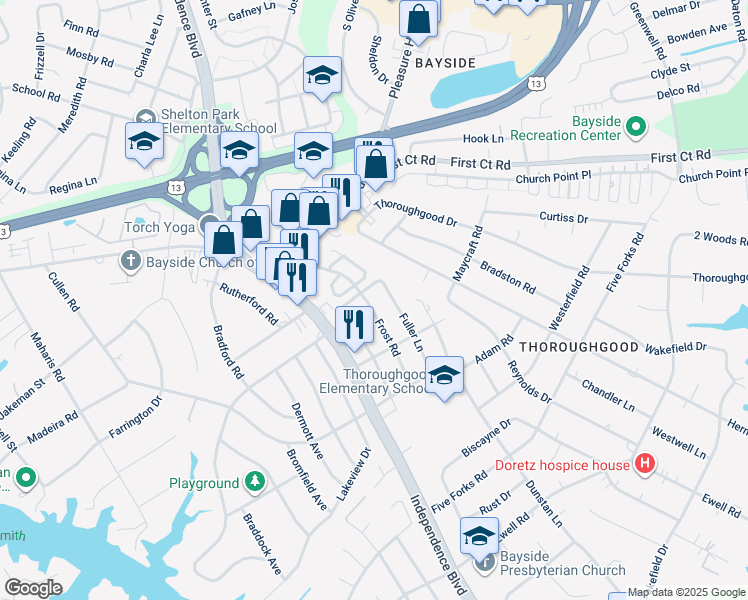 map of restaurants, bars, coffee shops, grocery stores, and more near 1588 Frost Road in Virginia Beach