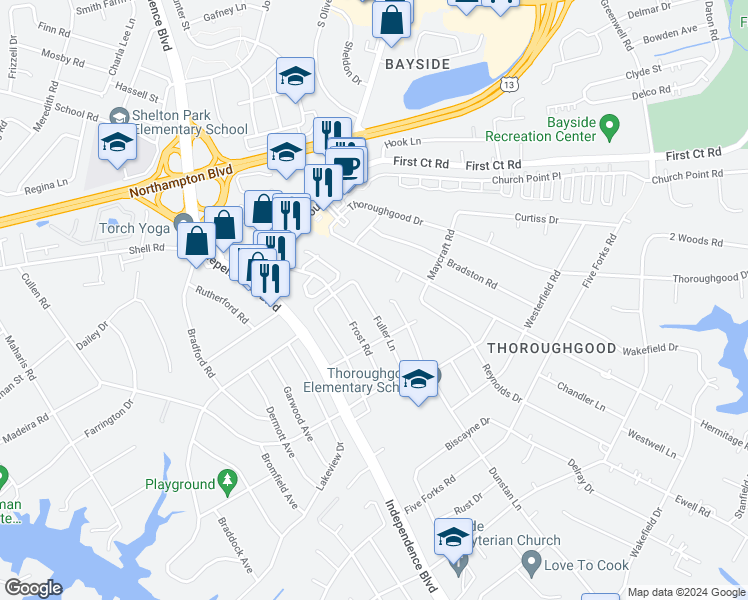 map of restaurants, bars, coffee shops, grocery stores, and more near 1574 Fuller Lane in Virginia Beach