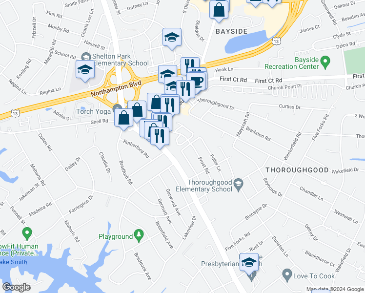 map of restaurants, bars, coffee shops, grocery stores, and more near 4729 Donelson Road in Virginia Beach