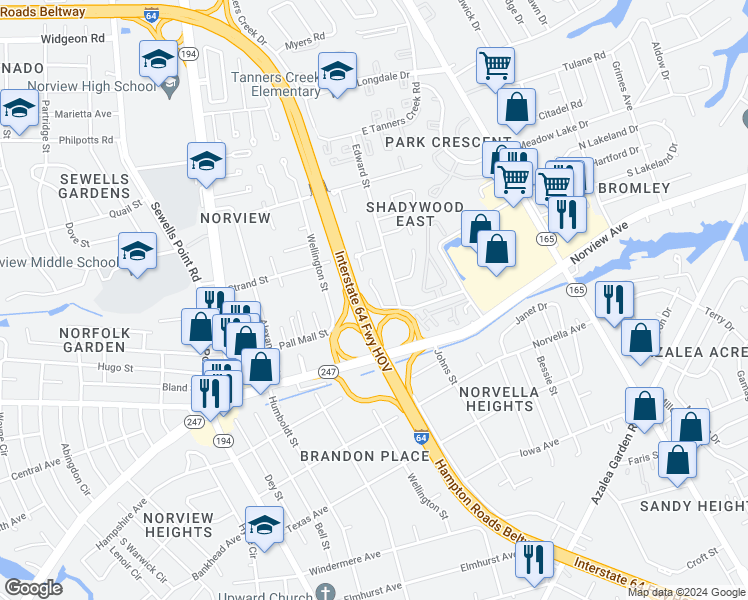 map of restaurants, bars, coffee shops, grocery stores, and more near 6205 Geneva Way in Norfolk
