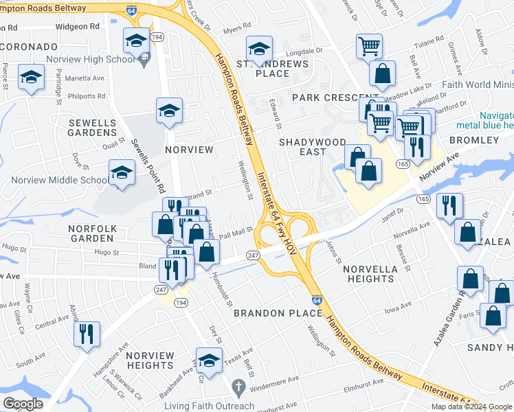 map of restaurants, bars, coffee shops, grocery stores, and more near 6228 Wellington Street in Norfolk