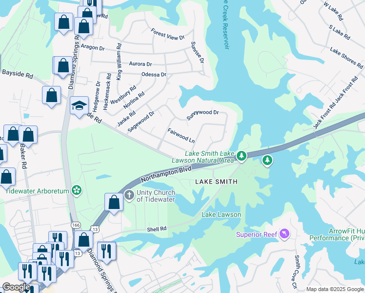 map of restaurants, bars, coffee shops, grocery stores, and more near 5508 Shadowwood Drive in Virginia Beach