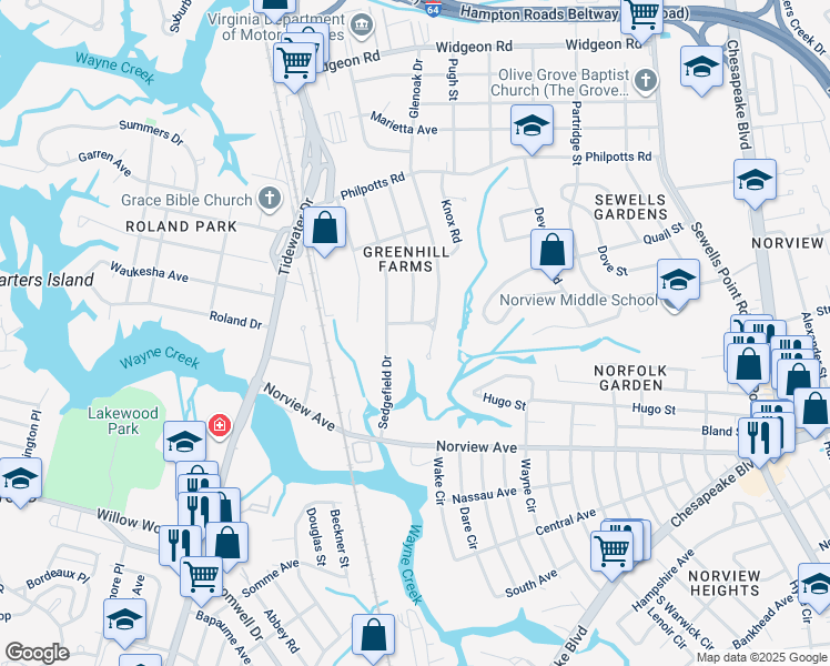 map of restaurants, bars, coffee shops, grocery stores, and more near 6301 Avon Road in Norfolk