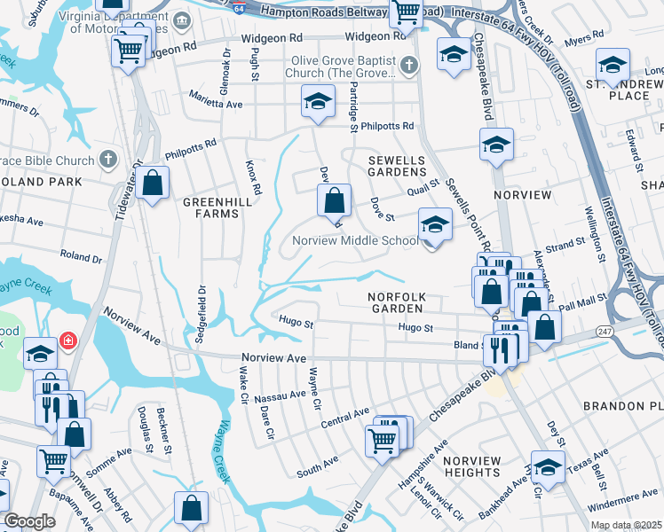 map of restaurants, bars, coffee shops, grocery stores, and more near 967 Winward Road in Norfolk