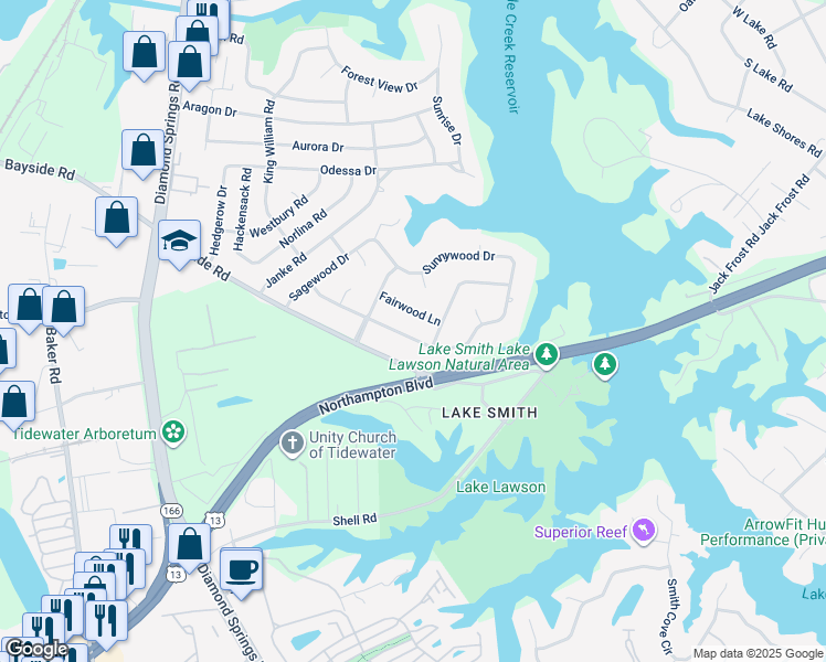 map of restaurants, bars, coffee shops, grocery stores, and more near 5508 Shadowwood Drive in Virginia Beach