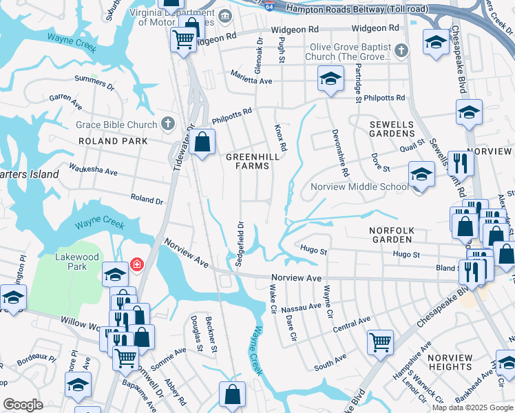 map of restaurants, bars, coffee shops, grocery stores, and more near 6301 Avon Road in Norfolk
