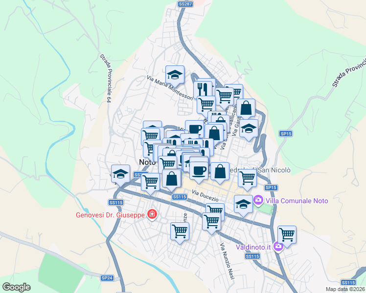 map of restaurants, bars, coffee shops, grocery stores, and more near Ronco Antonino Sbach in Noto