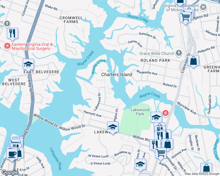map of restaurants, bars, coffee shops, grocery stores, and more near 1 Miles End in Norfolk