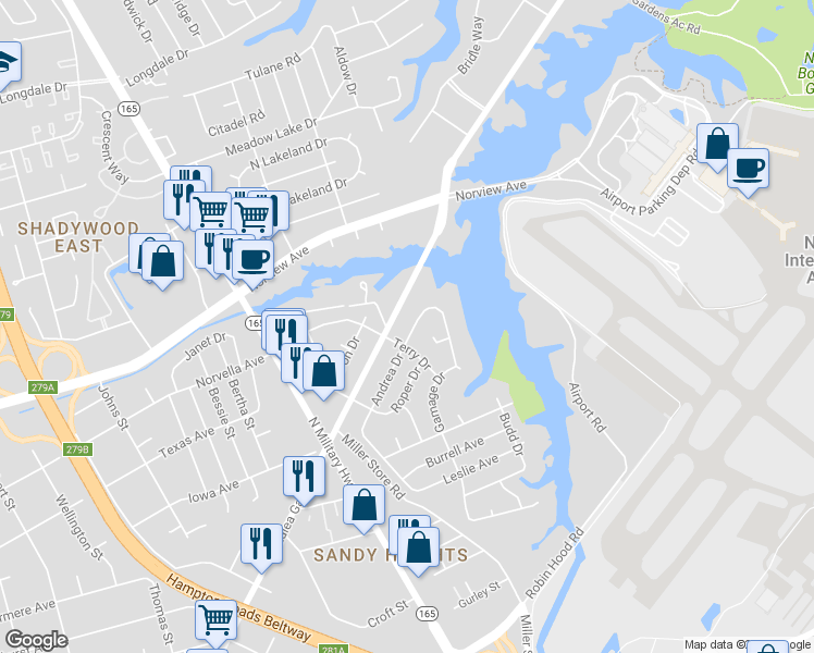 map of restaurants, bars, coffee shops, grocery stores, and more near 5808 Andrea Drive in Norfolk