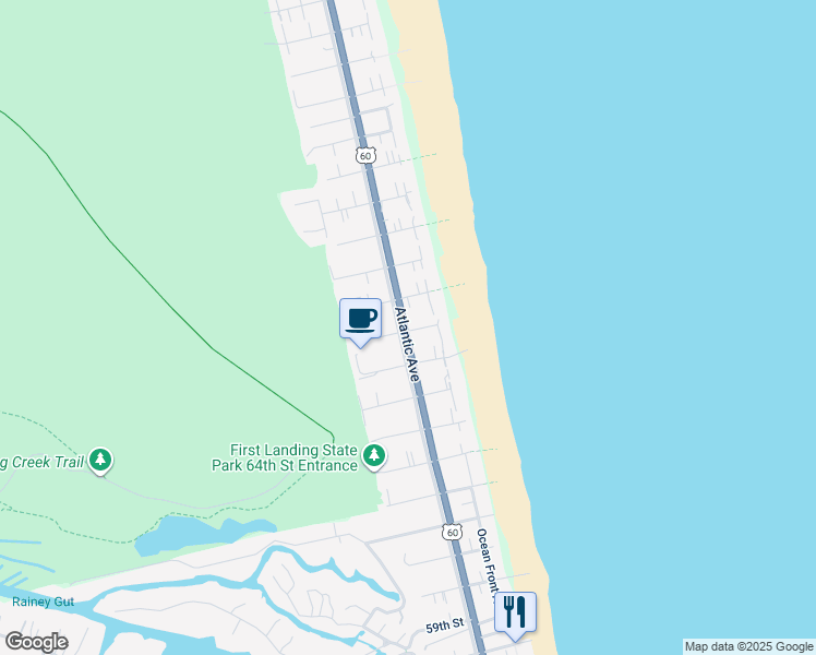 map of restaurants, bars, coffee shops, grocery stores, and more near 106 68th Street in Virginia Beach