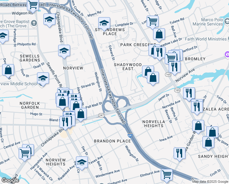 map of restaurants, bars, coffee shops, grocery stores, and more near 6224 Geneva Way in Norfolk
