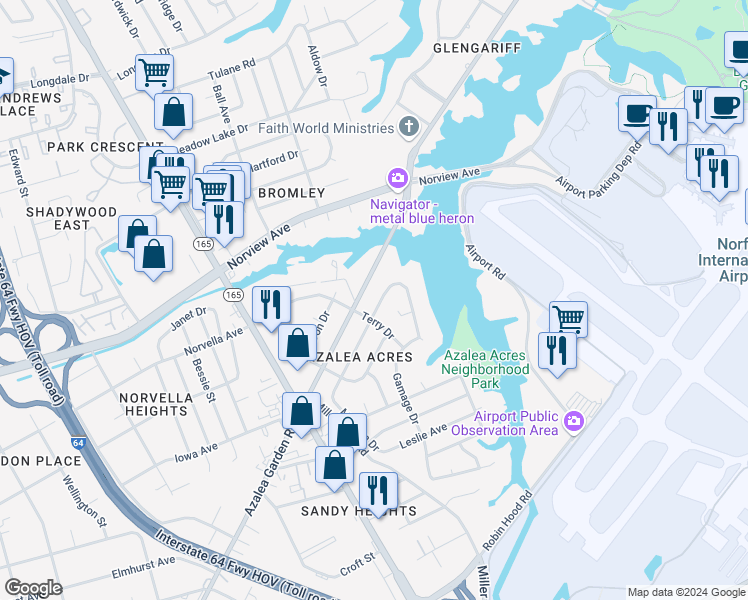 map of restaurants, bars, coffee shops, grocery stores, and more near 5808 Andrea Drive in Norfolk