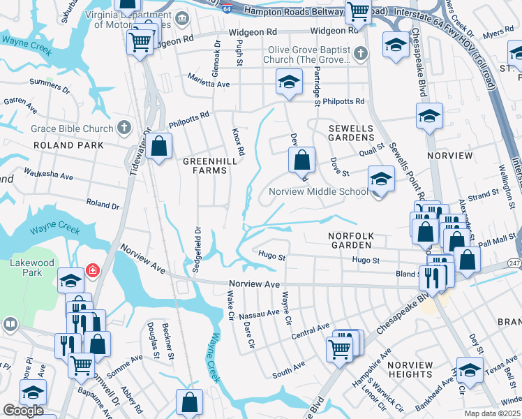 map of restaurants, bars, coffee shops, grocery stores, and more near 925 South Quail Street in Norfolk