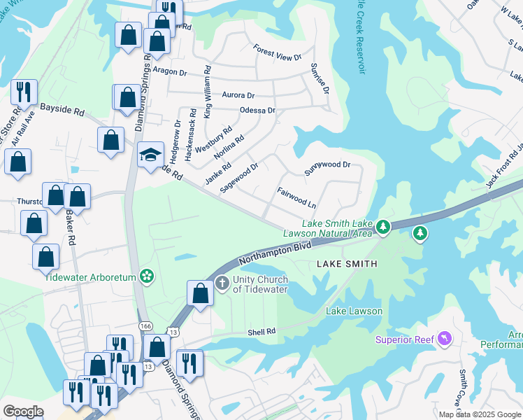 map of restaurants, bars, coffee shops, grocery stores, and more near 1505 Gardenwood Parkway in Virginia Beach