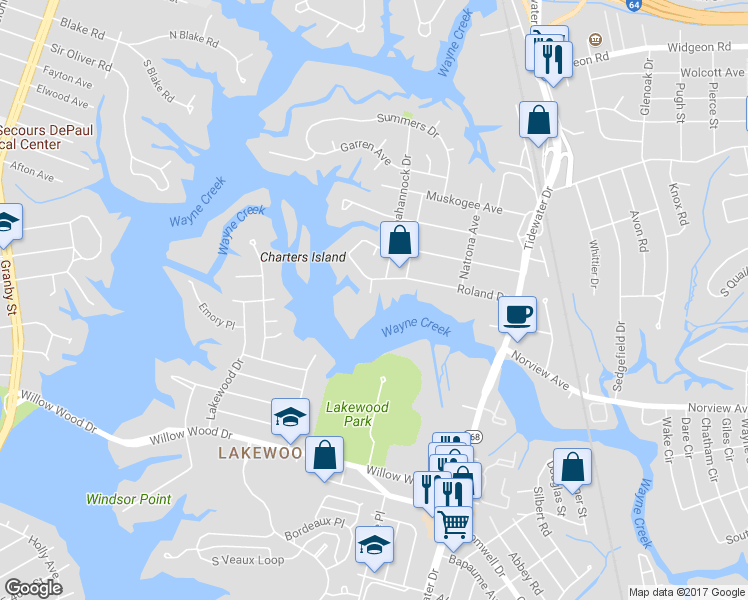 map of restaurants, bars, coffee shops, grocery stores, and more near 6200 Oneida Circle in Norfolk