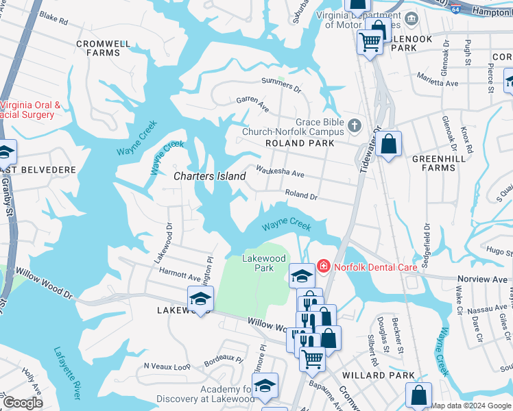 map of restaurants, bars, coffee shops, grocery stores, and more near 6200 Oneida Circle in Norfolk