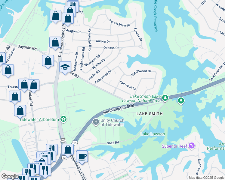 map of restaurants, bars, coffee shops, grocery stores, and more near 1505 Gardenwood Parkway in Virginia Beach