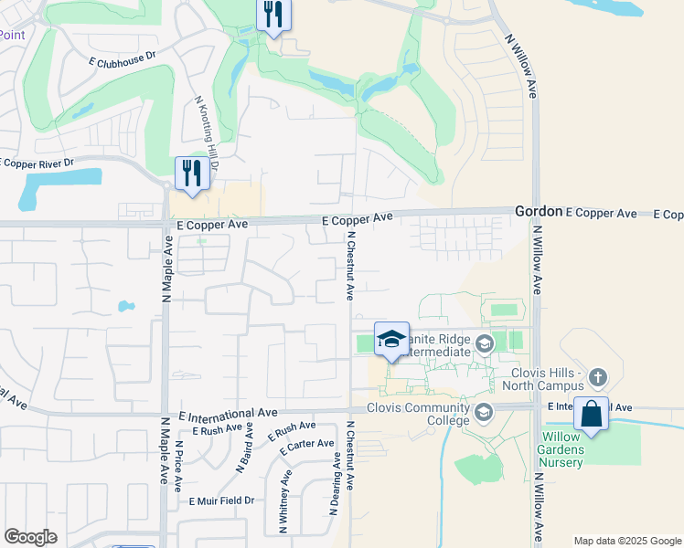 map of restaurants, bars, coffee shops, grocery stores, and more near 10886 North Castlewood Way in Fresno