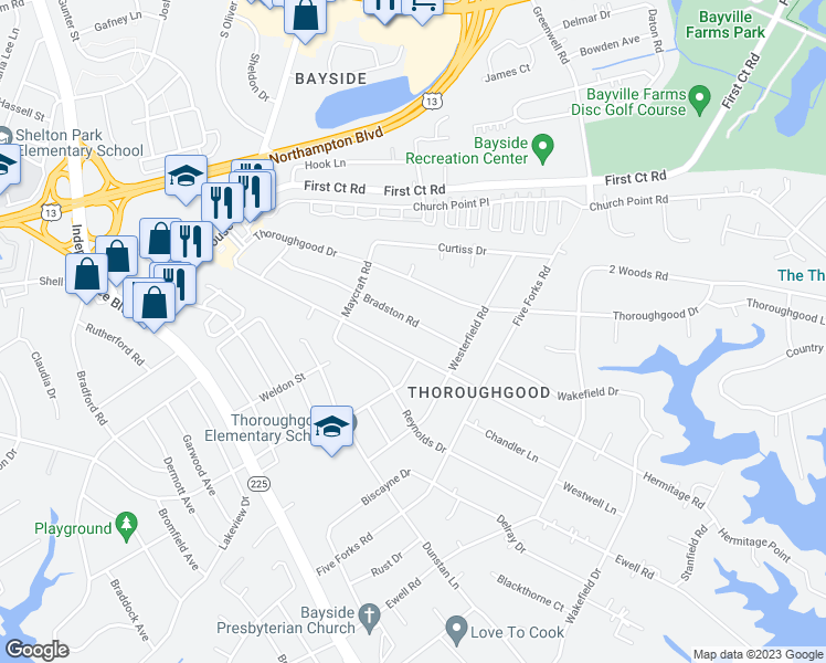 map of restaurants, bars, coffee shops, grocery stores, and more near 4621 Bradston Road in Virginia Beach
