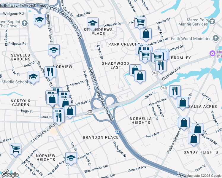 map of restaurants, bars, coffee shops, grocery stores, and more near 1413 Shadywood Road in Norfolk