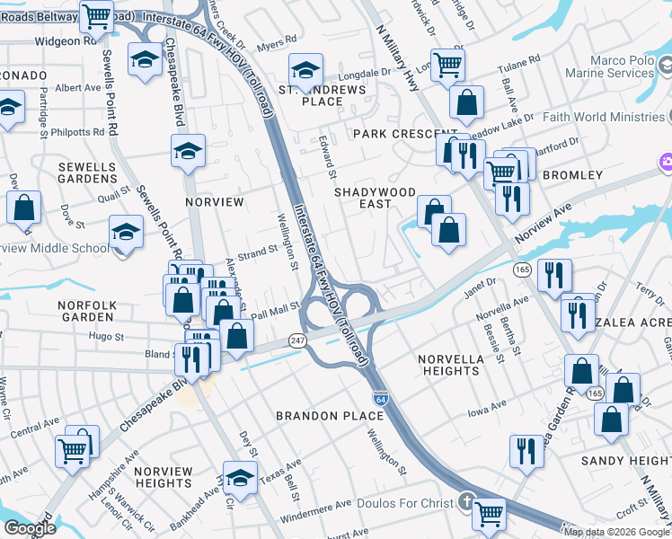 map of restaurants, bars, coffee shops, grocery stores, and more near 6224 Geneva Way in Norfolk
