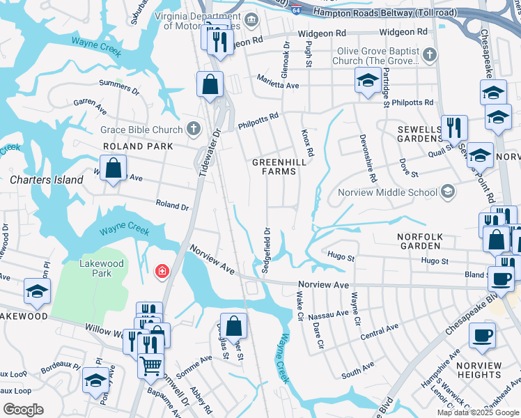 map of restaurants, bars, coffee shops, grocery stores, and more near 6312 Whittier Drive in Norfolk