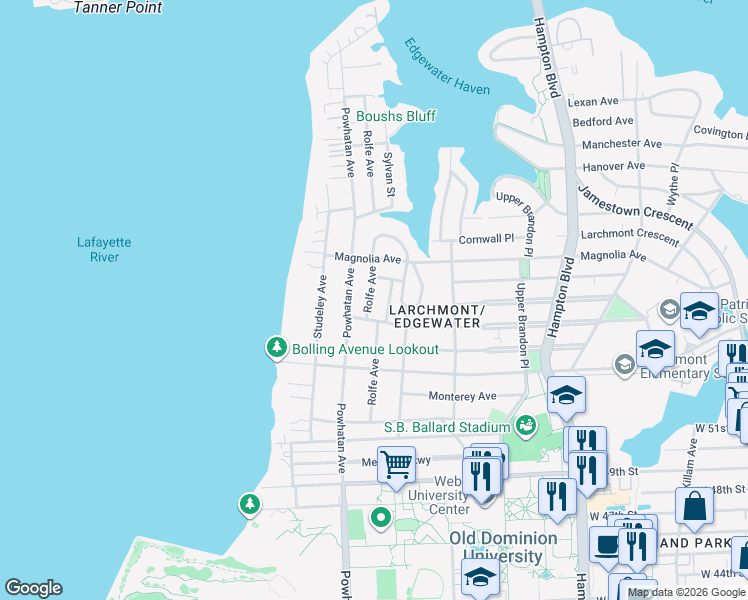 map of restaurants, bars, coffee shops, grocery stores, and more near 5421 Walton Avenue in Norfolk