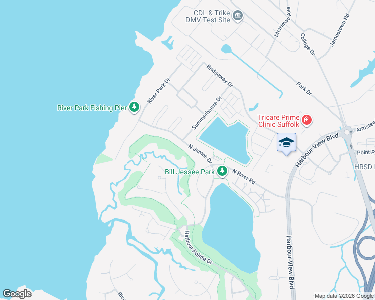 map of restaurants, bars, coffee shops, grocery stores, and more near 3011 North James Drive in Suffolk