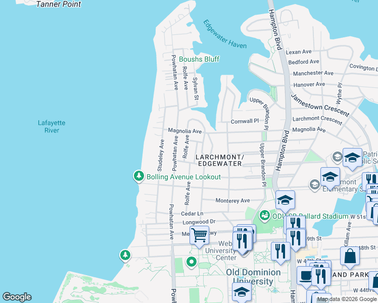 map of restaurants, bars, coffee shops, grocery stores, and more near 5421 Walton Avenue in Norfolk