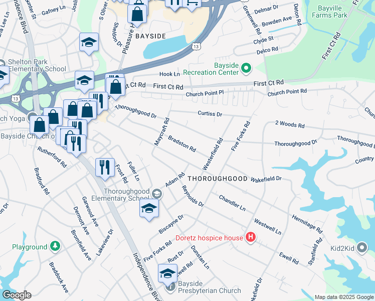 map of restaurants, bars, coffee shops, grocery stores, and more near 4621 Bradston Road in Virginia Beach