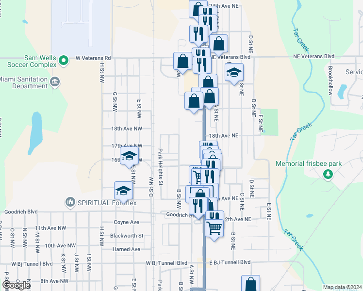 map of restaurants, bars, coffee shops, grocery stores, and more near 1700 B Street Northwest in Miami