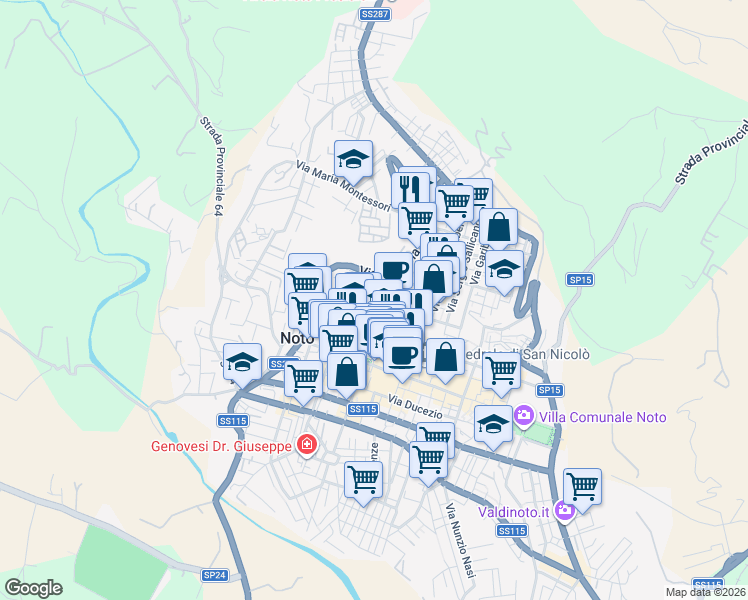 map of restaurants, bars, coffee shops, grocery stores, and more near Ronco Antonino Sbach in Noto