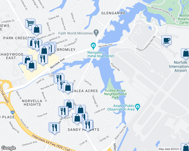 map of restaurants, bars, coffee shops, grocery stores, and more near 3525 Gamage Drive in Norfolk