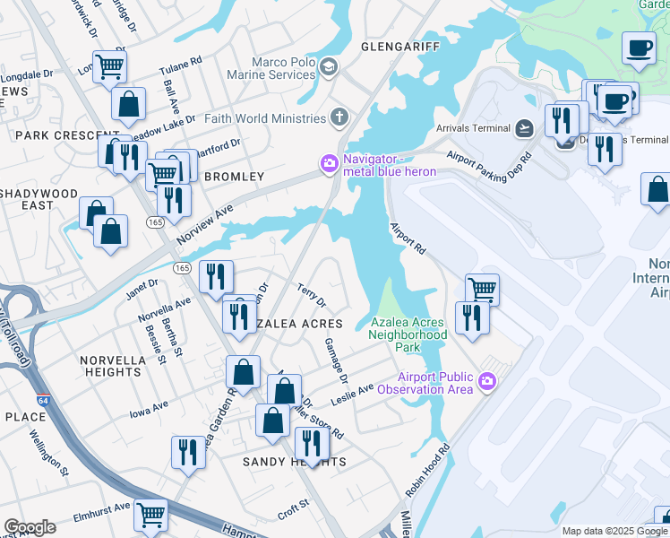 map of restaurants, bars, coffee shops, grocery stores, and more near 3525 Gamage Drive in Norfolk