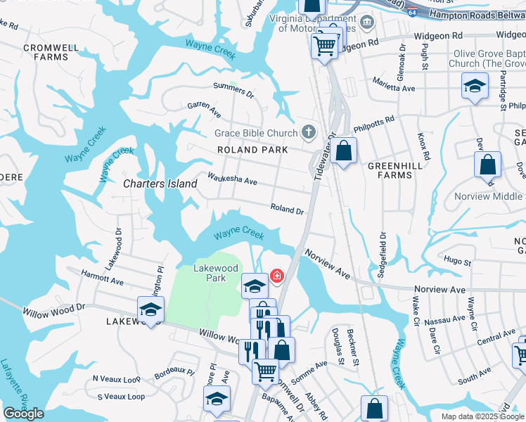 map of restaurants, bars, coffee shops, grocery stores, and more near 645 Roland Drive in Norfolk