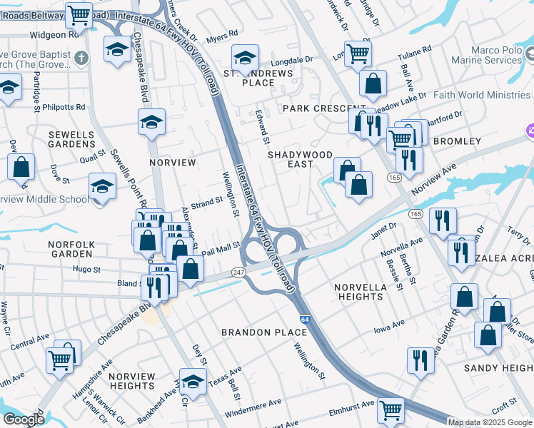 map of restaurants, bars, coffee shops, grocery stores, and more near 6224 Geneva Way in Norfolk