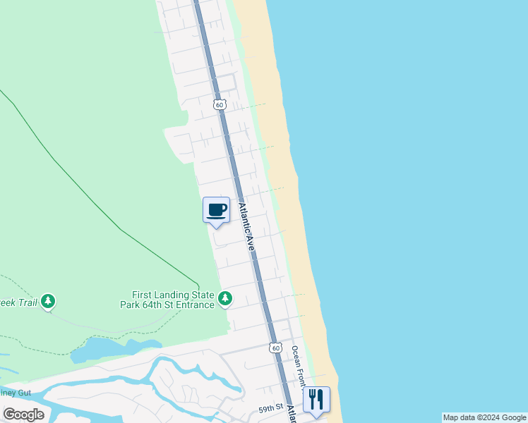 map of restaurants, bars, coffee shops, grocery stores, and more near 106 68th Street in Virginia Beach