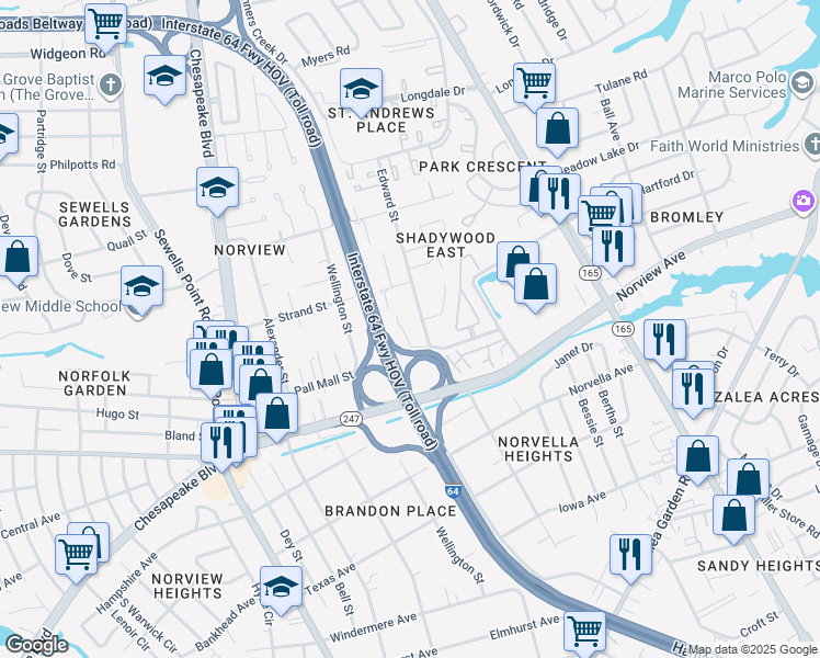 map of restaurants, bars, coffee shops, grocery stores, and more near 6224 Geneva Way in Norfolk