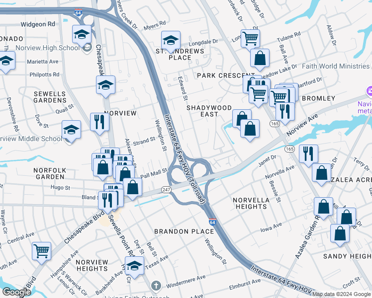 map of restaurants, bars, coffee shops, grocery stores, and more near 6224 Geneva Way in Norfolk