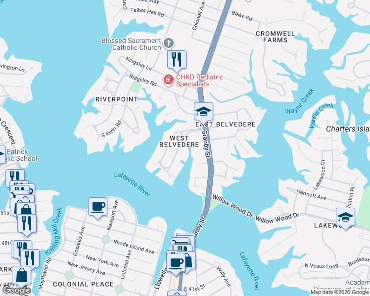map of restaurants, bars, coffee shops, grocery stores, and more near 205 Regent Road in Norfolk